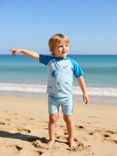 1pc Cute Underwater Animal Print Stretchy Comfortable Knit Fabric Baby/Toddler Boys' Swimsuit Set, Suitable For Beach, Pool, Vacation, Summer, Travel Baby Boy Swimsuit Zipper Sea Animal Baby Clothes Toddler Boy Swimming Suit Toddler Boy Rash Guard Beach Wear For Toddler Boys Baby Boy Rash Guard Boys Swim Suit Set Baby Boy Swimsuit Short Sleeve