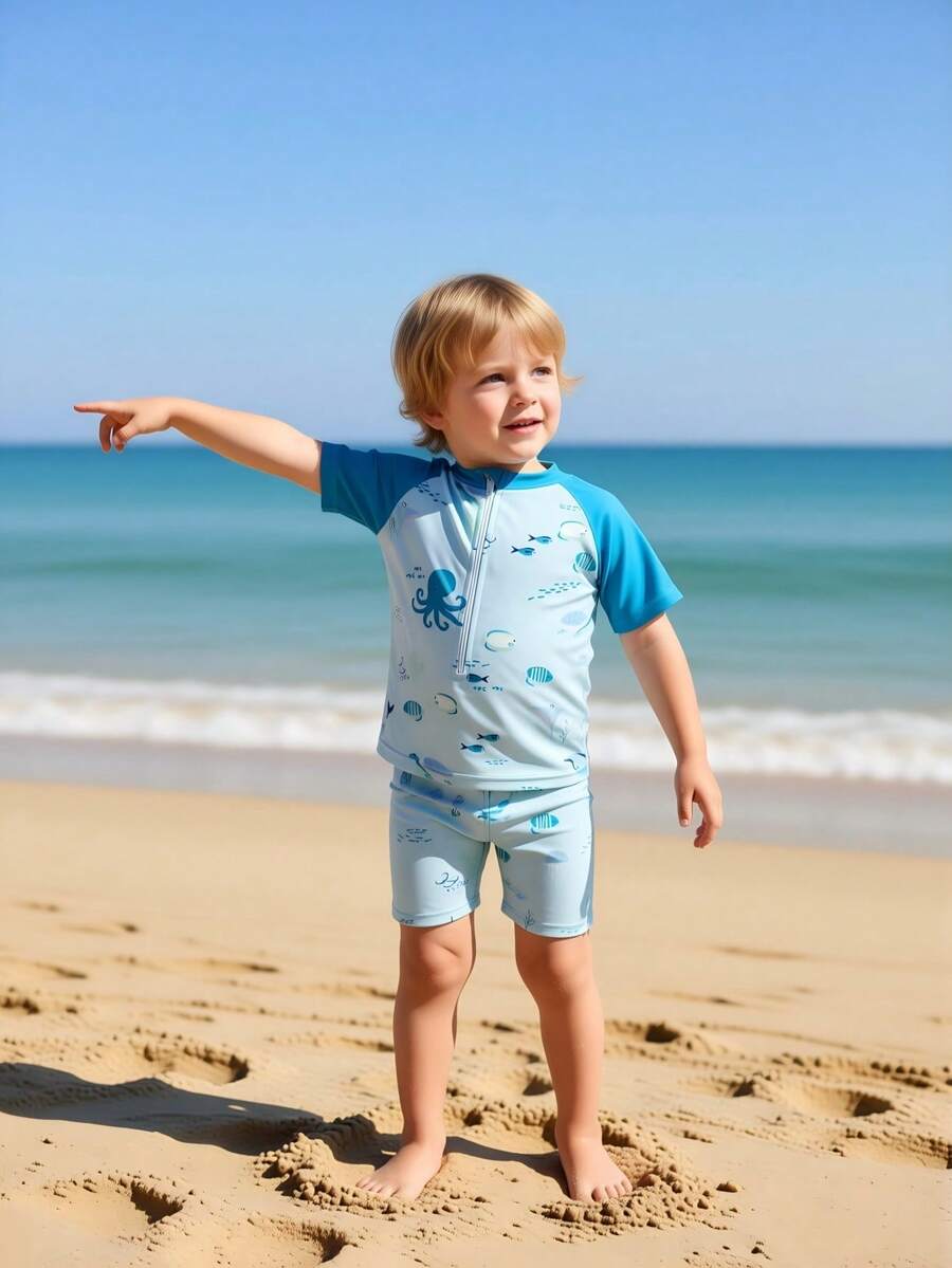 1pc Cute Underwater Animal Print Baby/Toddler Boys' Swimsuit Set,Aqua Blue Stretchy Knit Rash Guard For Summer Vacation Holiday Beach,Short Sleeve
