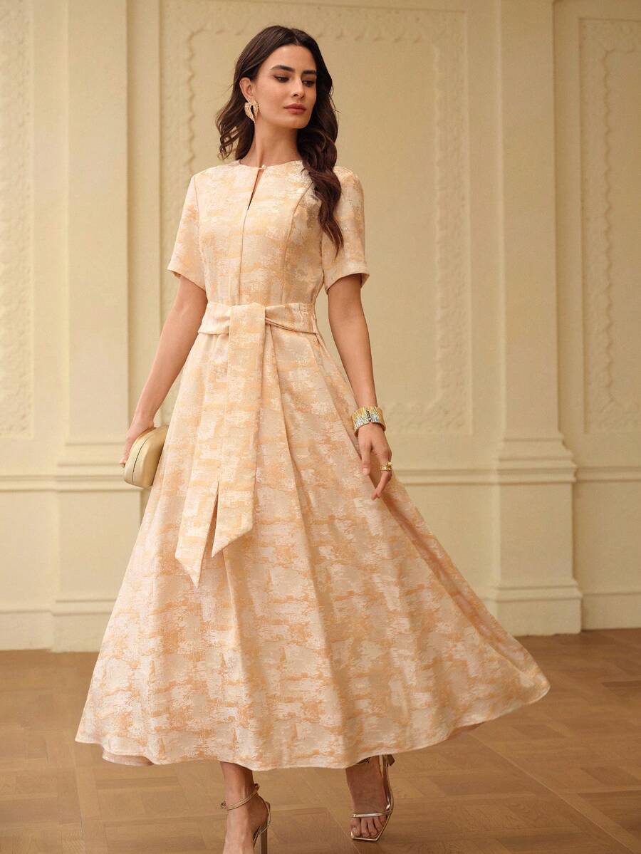 ZEYLAH Vestido elegante de manga corta con escote en V y jacquard, primavera/verano