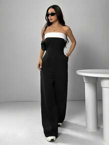SHEIN EZwear Bộ jumpsuit ống rộng xếp ly phối đen trắng cổ điển dành cho nữ, thích hợp cho mùa xuân/hè. - Nhiều màu - Xem 3