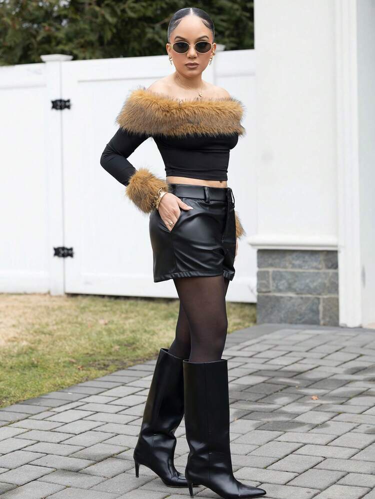 Melissa Matos Quần short thời trang rộng rãi bằng da PU màu trơn cho nữ - màu đen - Xem 3