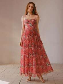 MOTF PREMIUM WOMEN'S VACATION STYLE ROSE PRINT MESH BUSTIER WAIST CINCHED DRESS - Pink - View 3