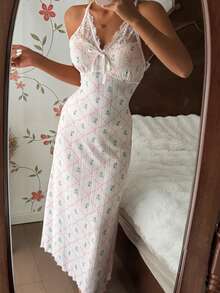 SHEIN Contrast Lace Floral Print Romantic Elegant Maxi Slip Dress - White - View 4