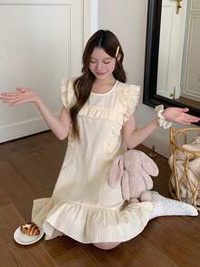 DAZY Women's Sweet Layered Ruffle Hem Polka Dot Fabric Short Nightgown, Summer - Apricot - View 12