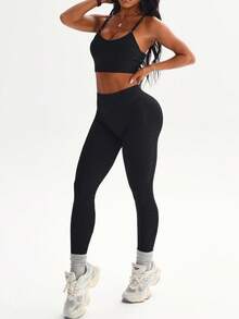Seamluxe SHEIN Sport Bộ đồ thể thao nữ 2 món gồm áo ngực và quần legging lửng 3/4 không đường may, họa tiết da báo, có thể điều chỉnh độ dài, họa tiết đan chéo. - màu đen - Xem 3