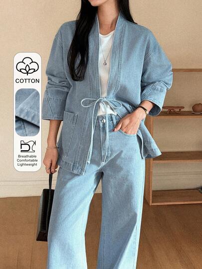DAZY بدلة كاجوال مكونة من جاكيت جينز بأكمام طويلة وسترة جينز فضفاضة مع ربطة وبنطال جينز فضفاض بساق مستقيمة