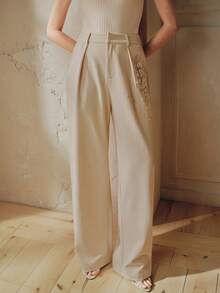 Anewsta Pantaloni da donna in tessuto jacquard, pantaloni eleganti da vacanza per signore con gamba dritta e decorazioni in perle - Albicocca - Visualizzare 7