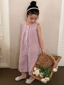 DAZY Young Girl Summer Casual Plaid Bow Embroidery Jumpsuit - Pink - View 2