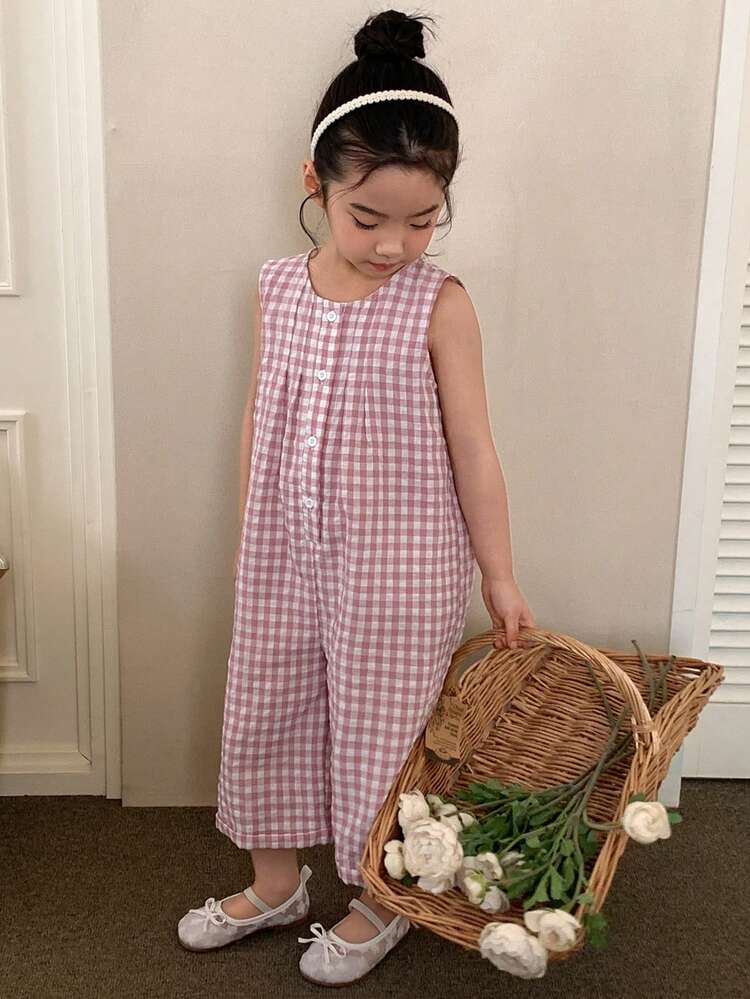Young Girl Summer Casual Plaid Bow Embroidery Jumpsuit