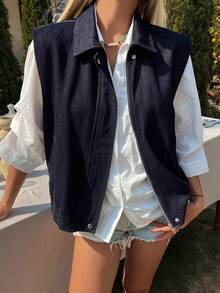 DAZY 女士翻领无袖开襟短款休闲水洗牛仔外套 - 深色水洗藍 - 查看 1