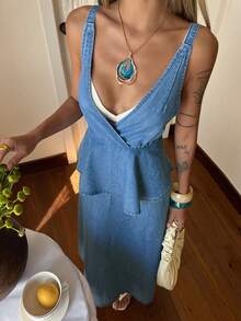 DAZY Women's Casual Denim Jumper Dress With Ruffle Strap - Medium Wash - View 1