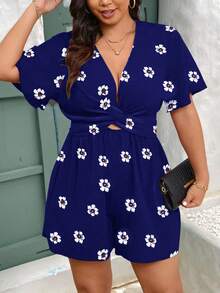 EMERY ROSE Quần short nữ cỡ lớn in hoa, cổ chữ V, eo rút dây, dáng chữ A, tay ngắn, kiểu dáng thanh lịch, thích hợp cho mùa xuân/hè. - Màu xanh hải quân - Xem 4