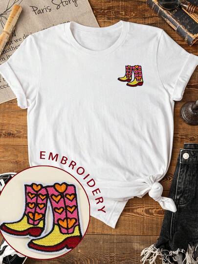 EMERY ROSE Western Elements Embroidered Pattern Women's Round Neck Short Sleeve T-Shirt