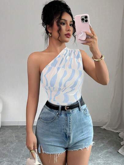 Selianne Blusa asimétrica con hombro sexy y drapeado, con estampado geométrico asimétrico, nueva llegada de verano para mujer