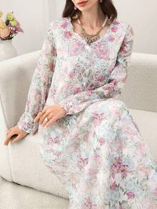 Yasmyna Đầm dài tay dáng rộng, in họa tiết hoa, dành cho nữ, thanh lịch, với cổ áo đính cườm. - Nhiều màu - Xem 7