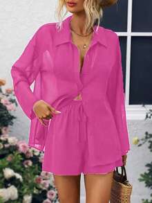 Selianne Bộ 3 món áo dài tay phối lưới phía trước dành cho nữ - Màu Hồng Tươi - Xem 6