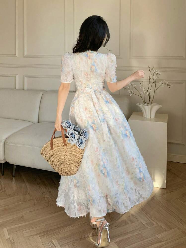 Women's V-Neck Floral Embroidery Pattern Elegant French Style Long Dress For Party Sundress