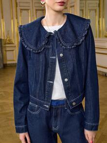 LOTSLUV 女士藏蓝色牛仔翻领荷叶边宽松牛仔外套 - 藍色 - 查看 6