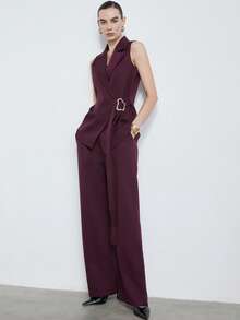 Aveloria Modichic 新款时尚优雅女士西装领系带不对称搭扣宽松西装外套及直筒裤套装 - 中紫紅色 - 查看 6