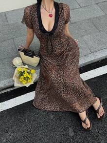 Solflare Plus Size Leopard Print Mesh & Contrast Lace V-Neck Dress Flowy Dress Milkmaid Dress - Multicolor - View 1