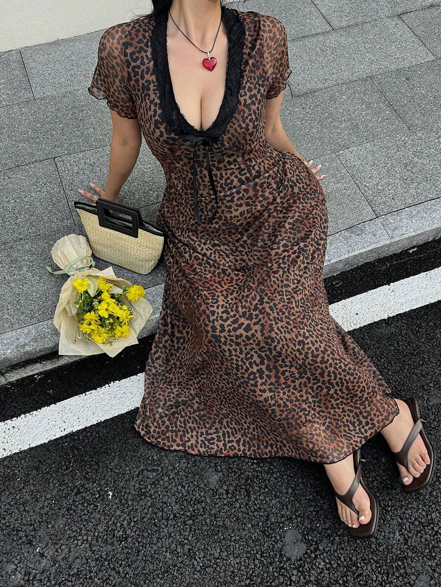 Solflare Plus Size Leopard Print Mesh & Contrast Lace V-Neck Dress Flowy Dress Milkmaid Dress - Multicolor - View 1