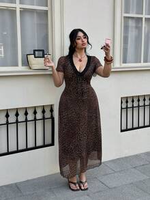 Solflare Plus Size Leopard Print Mesh & Contrast Lace V-Neck Dress Flowy Dress Milkmaid Dress - Multicolor - View 4