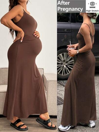 SHEIN Maternity Solid Color Pleated Long Casual Camisole Dress, Summer Holiday Outfits , Summer Outfits, Summer Clothes