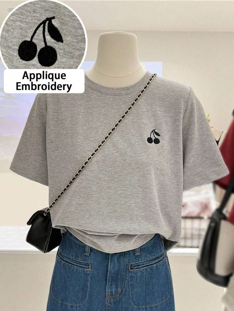 SHEIN Pregnant Women's Casual Cherry Embroidery Short Sleeve T-Shirt, Summer, Spring Outfit Women , Spring Break Outfits - Grey - View 1