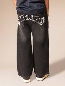 SUMWON 男童阔腿牛仔裤，后背饰有泡泡字体印花，宽松休闲款，适合秋冬季日常穿着。 - 黑色 - 查看 1