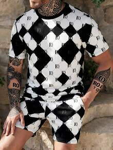 GENTILAND Men's Everyday Commuting Elegant And Stylish Printed T-Shirt Set - Black and White - View 4
