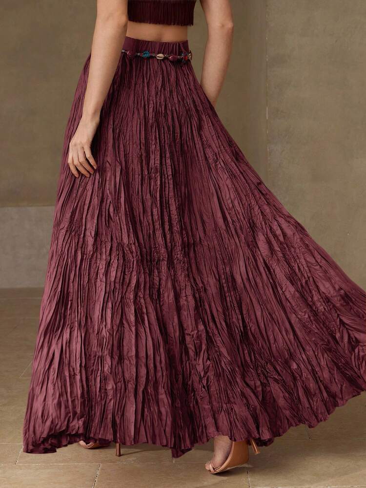 SOLID HIGH WAIST PLISSE MAXI SKIRT WITH BEADED BELT