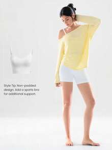 GLOWMODE Áo thun thể thao TENCEL™ Modal Drift Off nhẹ, mềm mại, kiểu dáng bất đối xứng, trễ vai, tay dài, thích hợp cho các hoạt động nhẹ nhàng như yoga, pilates, tập gym, studio và mặc hàng ngày. - Màu vàng - Xem 6