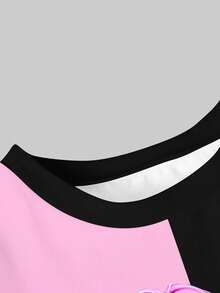 Unga flickor casual fashionabel cool K-POP tjej svart & rosa färgblock kortärmad rund hals t-shirt, 3 flickor tryckt ärm & pentagramtryck personlig söt mångsidig utomhustopp - Multifärgad - Visa 4