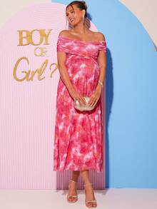 Loomaby 孕妇优雅扎染印花褶皱翻领露肩连衣裙，适合派对、宴会和度假穿着 - 粉色 - 查看 6