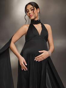 Cheriluna Maternity 纯色长款露背V领孕妇写真连衣裙，带缎带 - 黑色 - 查看 7