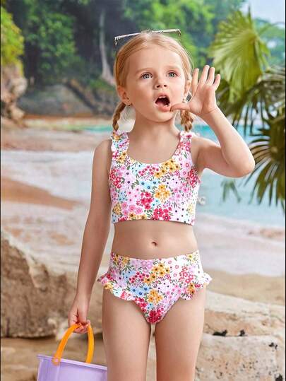 SHEIN Young Girls Tropical Ditsy Floral Bikini Sets, Knitted Fabric, Frill Trim, Fashionable & Elegant, Suitable For Swimming, Summer Vacation, Beach, Pool, Holiday Party