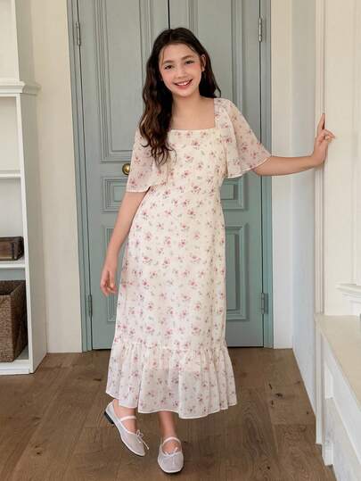 DAZY Tween Girl Ditsy Floral Square Neck Ruffle Sleeve Loose Casual Dress
