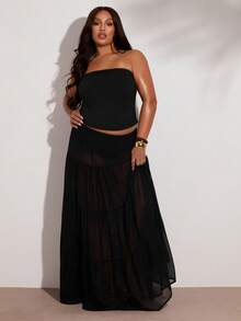 SHEIN BAE Plus Size Women Black Bandeau Top And Skirt 2 Pieces Sets,Summer Girlism Night Out Club Beach Outfit,Elegant Vacation Festival Party Clothes For Woman - Black - View 5