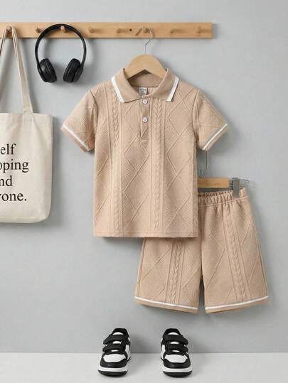 2pcs/Set Boys Outfit, Short Sleeve Polo Shirt And Shorts, Suitable For Daily, School, Vacation, Outdoor, Summer, New Design, New Year Two Piece Boy Set Boy Cotton Set Boy Beige Outfit Boy Short Sleeves 2 Piece Set