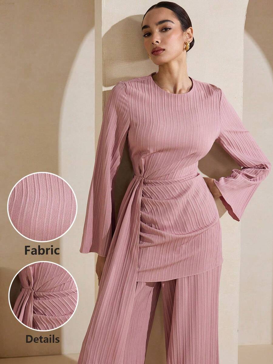 Graceveil Bộ đồ nữ tay dài màu nâu thanh lịch (2 món) - Hồng - Xem 1