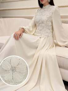 Modelyn Women's Mesh Beaded Embroidered Asymmetrical Hem Long Sleeve Dress - Beige - View 2