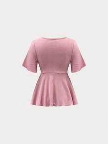 SHEIN PETITE 小码女式交叉领收腰A字蝙蝠袖休闲T恤 - 粉色 - 查看 2