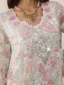 Yasmyna Đầm dài tay dáng rộng, in họa tiết hoa, dành cho nữ, thanh lịch, với cổ áo đính cườm. - Nhiều màu - Xem 1