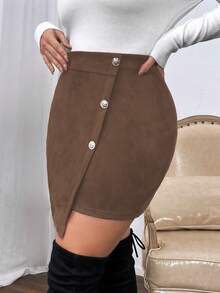 Vionelle Plus Size Solid Color Button Wrap Asymmetric Hem Fitted Skirt Brown Skirt Woman Skirt - Coffee Brown - View 5