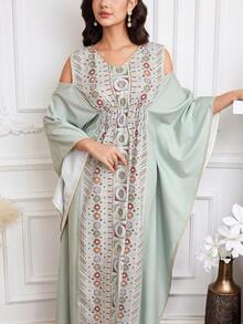 Al Najma 女士优雅几何印花露肩宽松开衩阿拉伯连衣裙，秋季 - 彩色 - 查看 7