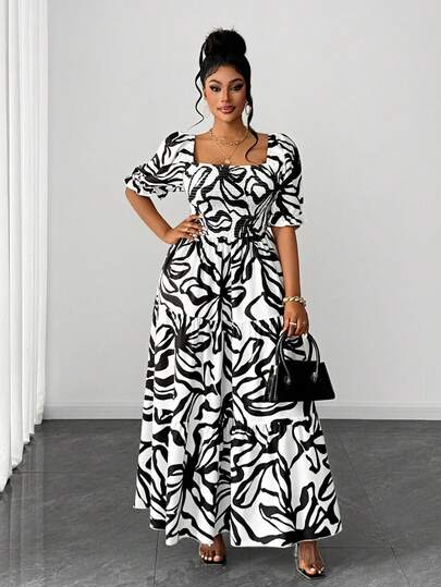 Maweii Plus Size Square Neck Waist Gathered A-Line Dress, Vacation Style