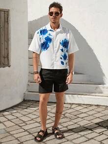 VIVINTIMO Chinese Style Blue & White Porcelain Flower Watercolor Pattern Men's Casual Short Sleeve Shirt With Full Print - White - View 4