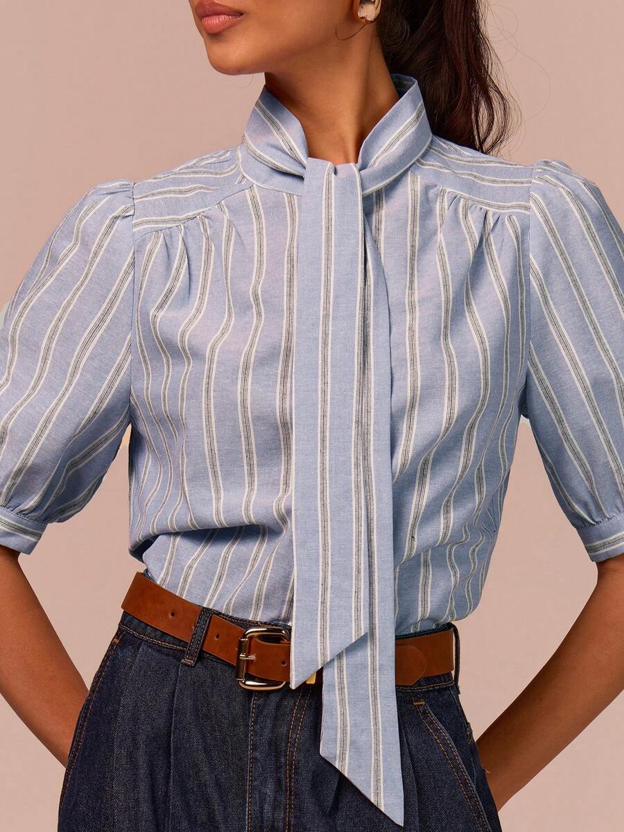 COSMINA 优雅通勤衬衫，可拆卸领带，五袖设计，蓝色条纹衬衫，夏季女士衬衫，办公 - 彩色 - 查看 1