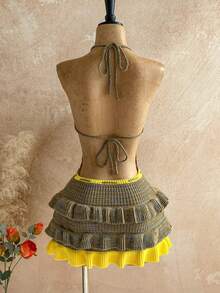 Soleia New Knitted Halter Neck Tie Strap Multi-Layer Ruffle Hem Mini Dress, Suitable For Party, Date, Valentine's Day, Easter, Carnival, Afternoon Tea, Beach, Cruise, City Vacation, Autumn/Winter Layering - Multicolor - View 2