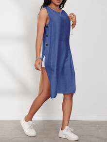 EMERY ROSE Camisa sin mangas casual de mujer con botones laterales, para verano - Azul Marino - Ver 6